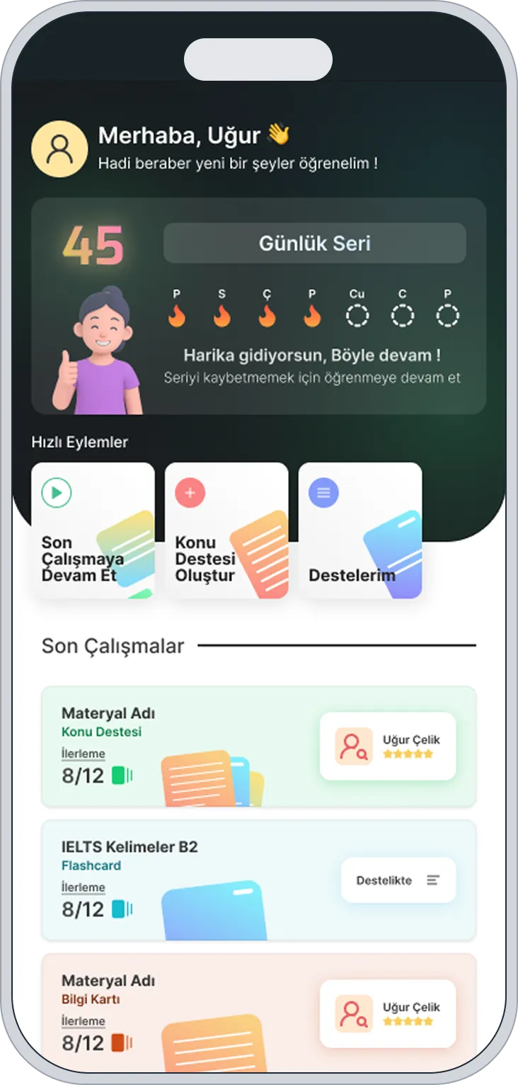 Cardely uygulamasının günlük ilerleme alanını gösteren ana ekran görüntüsü